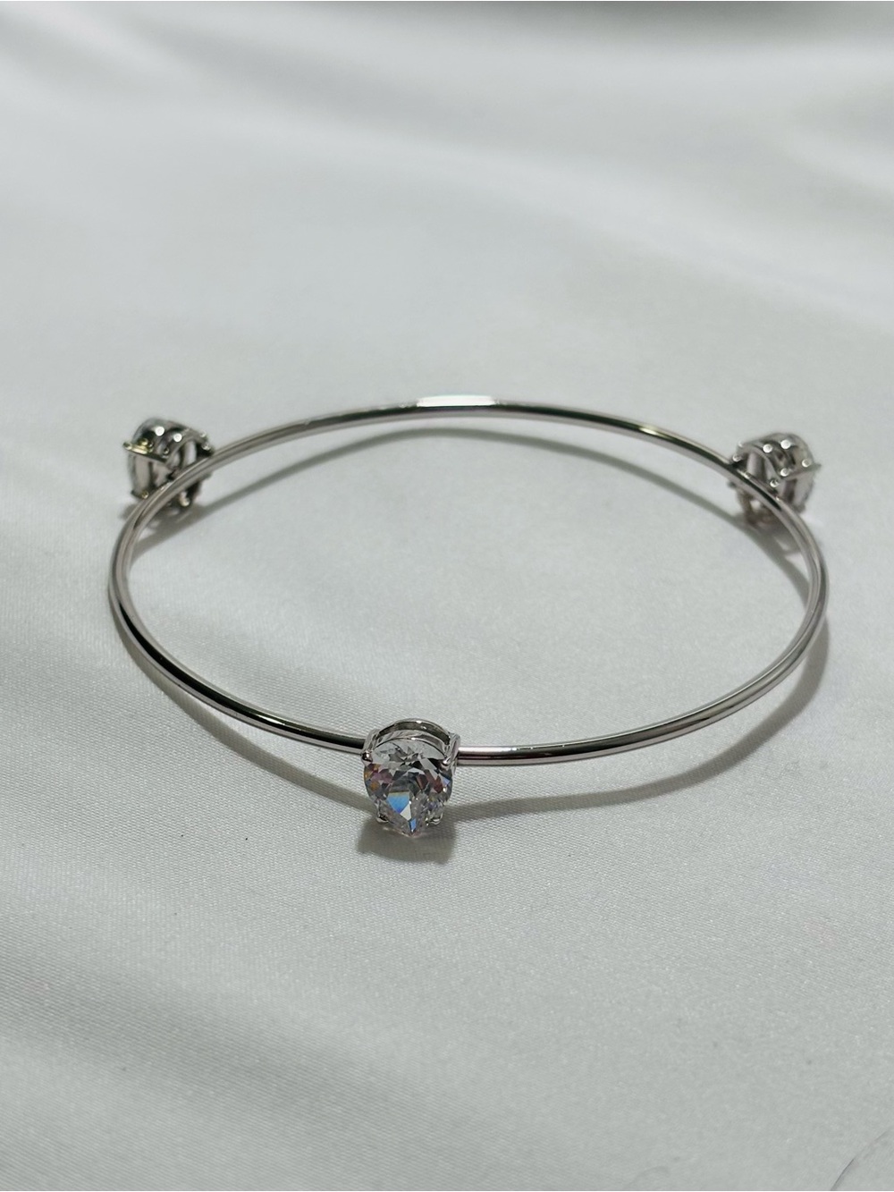 Silver tone Bangle Classic Bracelet w Pear Shaped Clear Stone Accent 2-3/4”diam - Picture 3 of 3
